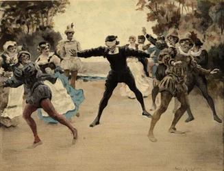 Hommes et femmes jouant au colin maillard. Gargantua. Illustration de Jules Garnier. Dans "Rabelais et l