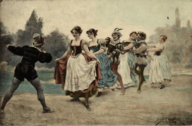 Hommes et femmes jouant à la queue au billot (queue de loup). Gargantua. Illustration de Jules Garnier. Dans « Rabelais et l