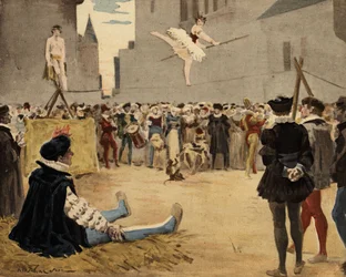 Musiciens et funambules se produisant dans la rue sous le regard de Gargantua (assis, à gauche). Gargantua. Illustration de Jules Garnier. Dans "Rabelais et l