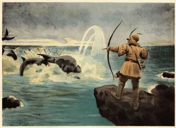 Pantagruel tuant le monstre marin Physetere avec des flèches. Pantagruel. Illustration de Jules Garnier. Dans "Rabelais et l