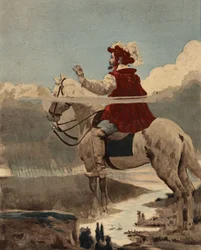 Pantagruel sur son cheval observant son armée sous la pluie. Pays des Dipsodes. Pantagruel. Illustration de Jules Garnier. Dans "Rabelais et l