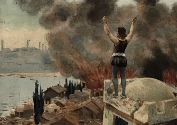 Panurge looking at Mytilene (Turkey) on fire. Pantagruel. Illustration by Jules Garnier. In “Rabelais et l