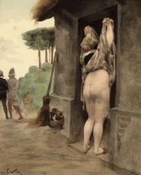 La Sibylle de Panzoust déroule sa robe et découvre ses fesses tandis que Panurge et Epistemon s