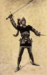 Picrochole, roi de Lerne, en armure et brandissant son épée. Gargantua. Illustration de Jules Garnier. Dans "Rabelais et l