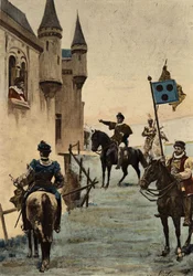 Ulrich Gallet, envoyé par Grandgousier, le père de Gargantua, demandant à parler à Picrochole, roi de Lerne. Gargantua. Illustration de Jules Garnier. Dans "Rabelais et l