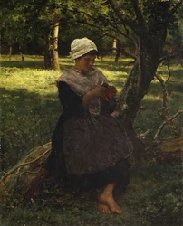 Une paysanne tricotant, vers 1870