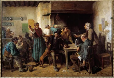 Lundi. Clients à une table dans une auberge