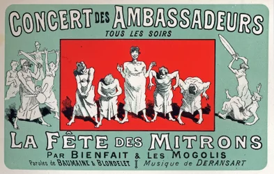 Art. Divertissement. Fête des garçons boulangers au Cabaret : Concert des Ambassadeurs, Paris. Affiche de Jules Chéret, France, vers 1880 (affiche)