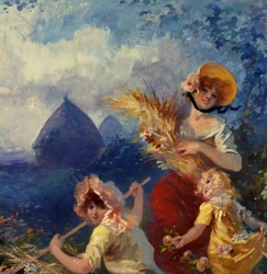 La Terre Allégorie représentant des jeunes femmes tenant des bottes de blé sur fond de moisson. (détail) Carton pour tapisserie par Jules Chéret 20ème siècle Nice, Musée Chéret
