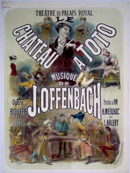 Affiche pour "Le château à Toto" avec musique de Jacques Offenbach au Théâtre du Palais Royal, illustration par Jules Chéret 1868