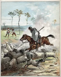 Don Quichotte tue des moutons, les prenant pour des chevaliers - Don Quichotte à cheval transperce les moutons qu