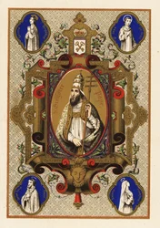 Portrait de Saint Grégoire, Pape Grégoire I, avec trirègne ou triple couronne, et férule papale, dans une bordure décorative