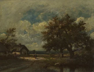 Le cottage au bord de la route, ciel orageux, vers 1860