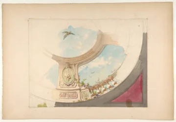 Conception pour un plafond avec une balustrade et un ciel en trompe-l