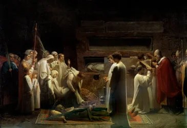 Les martyrs dans les catacombes - assemblée religieuse chrétienne aux funérailles des premiers chrétiens à Rome. Peinture de Jules Lenepveu (1819-1898), 1855. Soleil. 1,7 x 3,36 m. Paris, musée d