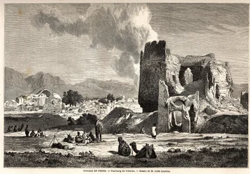 Les faubourgs de Téhéran (Iran actuel). Dessin de Jules Laurens (1825-1901), pour illustrer le voyage d