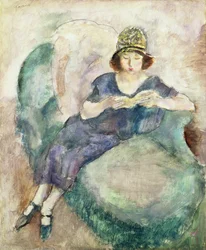 Fille en bleu lisant sur un canapé, 1926-27