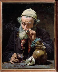 Le buveur. Un vieil homme fume la pipe et boit un verre de vin. Peinture de Jules Rousset (1840-?), XIXe siècle, Orléans, Musée des Beaux-Arts