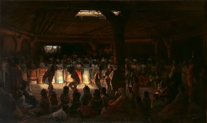 Danse dans une maison ronde souterraine à Clear Lake, Californie, 1878