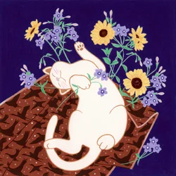 Un chat espiègle et des tournesols