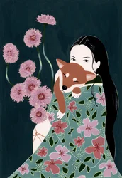 Une femme tenant un shiba inu