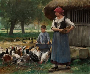Fille de ferme nourrissant des poules