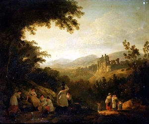 Paysage boisé avec lavandières près d