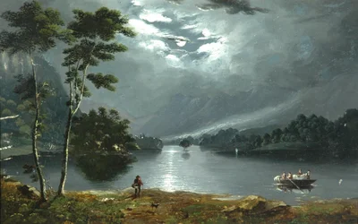 Ferry, Windermere, vue vers le nord et le lac au clair de lune