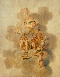 Chérubins ailés avec instruments de musique, section de la bordure décorative de la salle de musique, Kenwood House, Londres