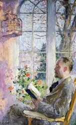 "Dans la veranda" Un homme lisant un livre, une cage avec un oiseau est suspendue. Peinture de Julius Gari Melchers (1860-1932)