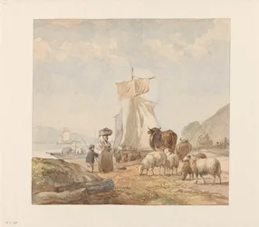 Figures avec bétail au bord de la rivière avec un bac