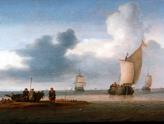 Scène de plage avec voiliers et pêcheurs
