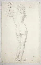 Nu féminin en pose debout, vu de dos ; verso, contour d