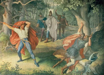Hagen tuant Siegfried à la fontaine, Hall des Nibelungen