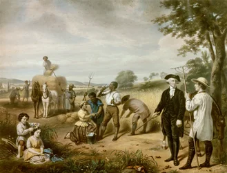 Washington le Fermier : George Washington (1732-1799) dans les champs de Mont Vernon, sa plantation dans le comté de Fairfax, Virginie. Dans le coin inférieur gauche sont représentés ses deux beaux-enfants, John et Martha Parke Custis. Lithographie