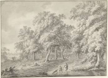 Paysage avec mère et enfant traversant une mare avec un chien