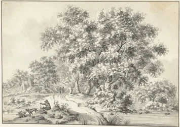 Paysage avec un homme assis avec un chien et des promeneurs sur un chemin