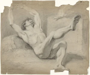Nu masculin couché, les bras en arrière et la jambe droite levée