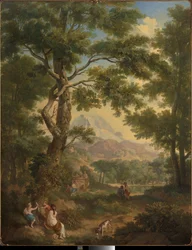 Paysage arcadien avec des enfants, un oiseau et un chien