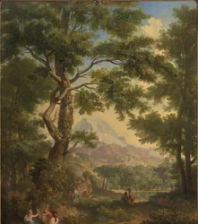 Paysage arcadien avec des enfants avec un oiseau et un chien