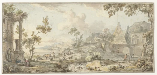 Projet pour une peinture murale avec paysage côtier du sud et pyramide