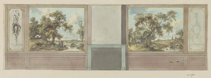 Dessin préparatoire pour un mur de pièce avec cheminée