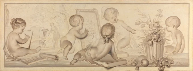Six Putti avec des fleurs et des fruits et Attributs de l