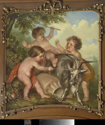 Trois enfants jouant avec une chèvre
