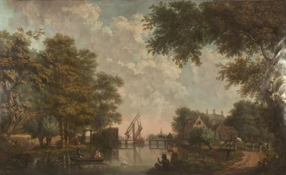 Cinq tentures murales avec des paysages hollandais et un trompe-l