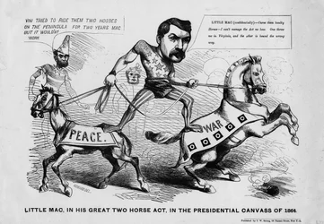Little Mac, dans son grand numéro à deux chevaux, lors de la campagne présidentielle de 1864, publié par T.W Strong, New York, c.1864
