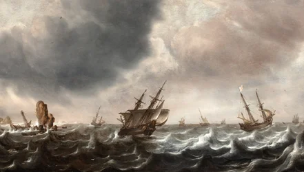 Navires dans une mer agitée avec une baleine au premier plan