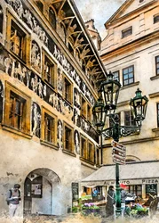 Scène de rue à Prague en sgraffite