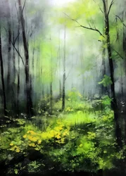 Forêt brumeuse baignée de soleil
