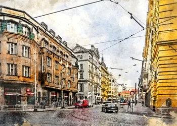 Rue européenne avec tramway, aquarelle